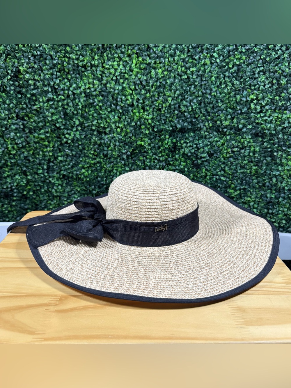 Lucky 7 Women’s Wide Brim Straw Sun Hat Beige Black Bow Floppy Beach Hat